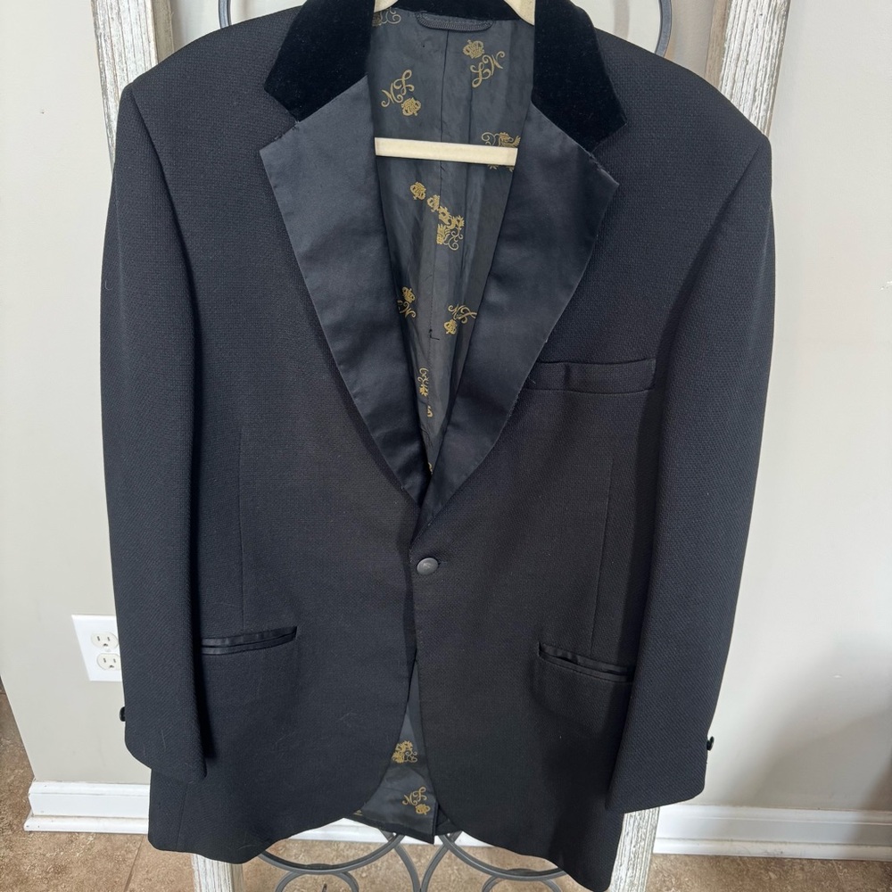 Vintage Lord‎ West Black Textured Velvet Collar Tuxedo Jacket 40S USA Union Made
